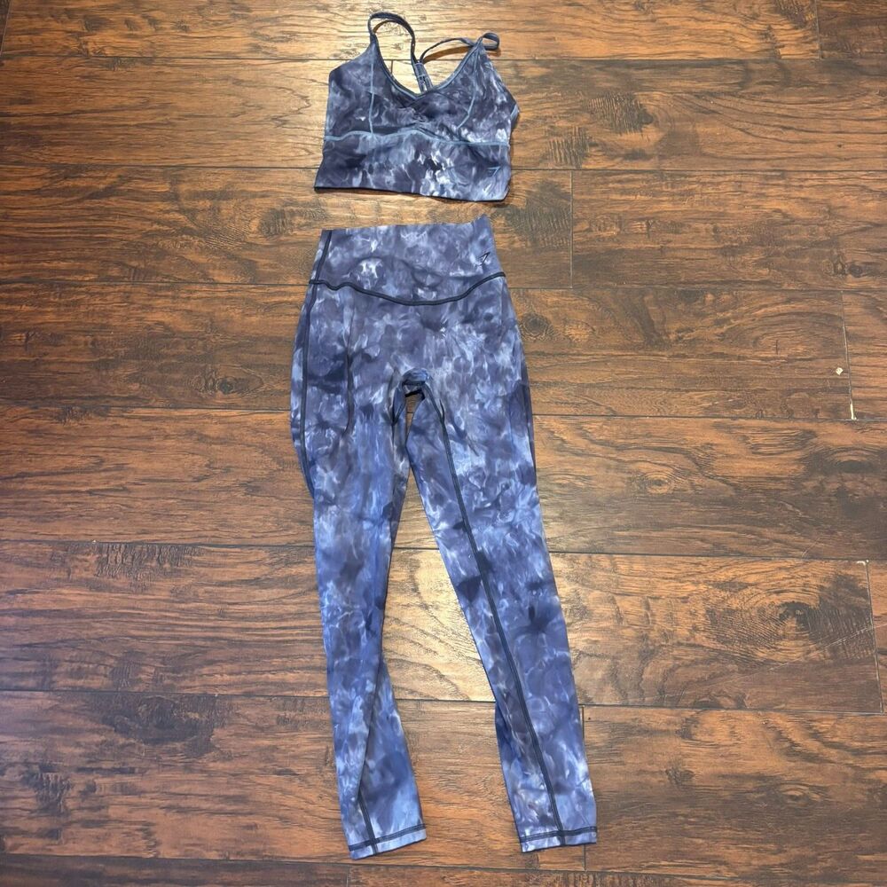 Gymshark size Small Tie Dye Blue Leggings and Long Line Sports Bra Set